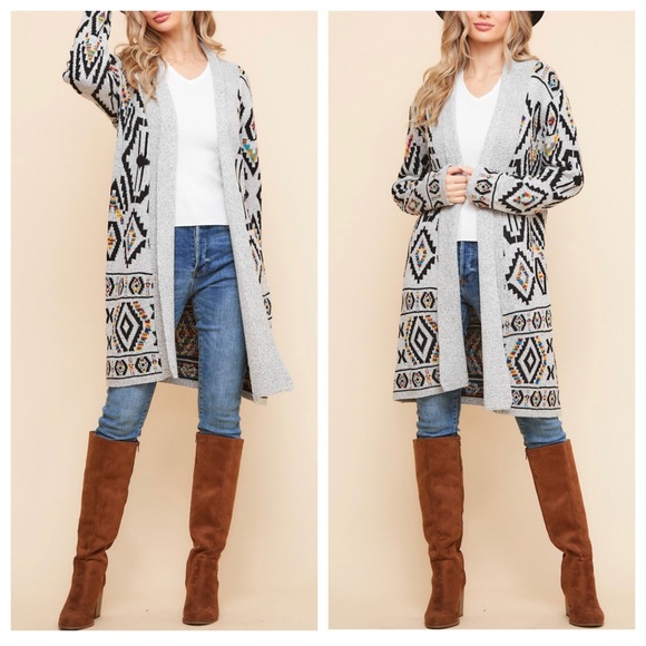 34 Aztec Print Sweater Jacket Long Cardigan - Picture 5 of 5
